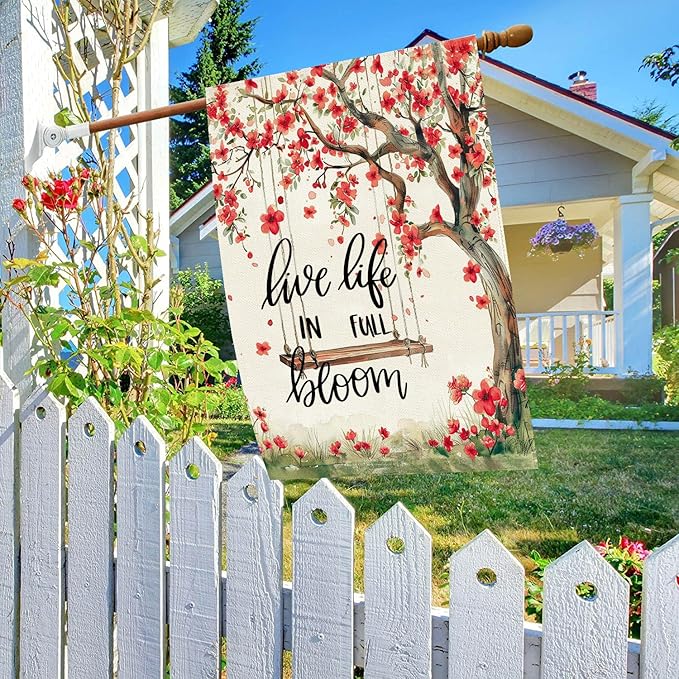 Baccessor Spring Summer House Flag 28 X 40 Inch, Red Floral Tree Swing Double Sided Burlap Welcome Large Yard Flag Seasonal Holiday Lawn Proch Outdoor Outside Decor