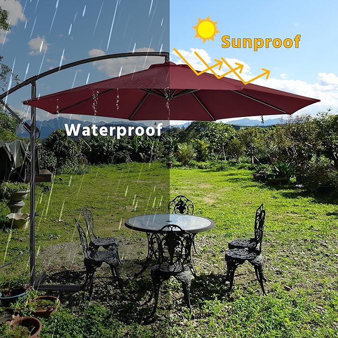 Yaheetech 10FT Patio Offset Umbrella - Cantilever Hanging Outdoor Umbrellas w/UV Protection & 8 Ribs & Handy Crank & Cross Base for Market/Garden/Lawn/Deck/Backyard/Pool - Burgundy