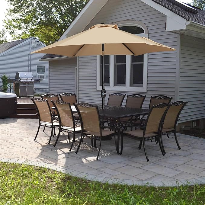 Yaheetech 7.5FT Patio Umbrella Outdoor with Heavy Duty Base Included,Table Umbrella with Push Button Tilt and Crank, UV Protection Waterproof for Yard/Outdoor/Wedding Parties and Events - Tan