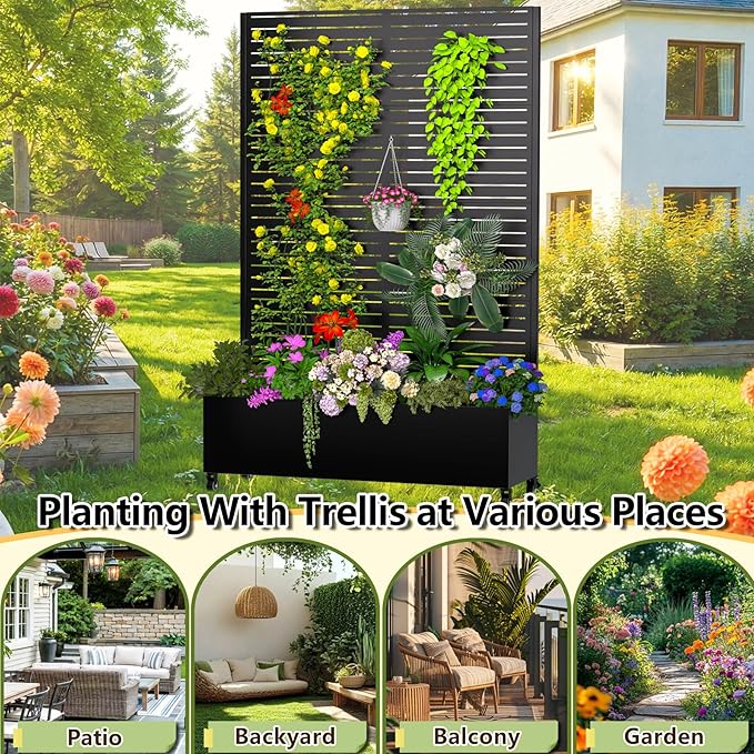 Metal Planter Box with Trellis, 72.1"x47.2"x16" Outdoor Galvanized Raised Garden Bed with Privacy Screen & Drainage Holes & Lockable Casters for Climbing Plants, Vegetable (Louvered-Black1)