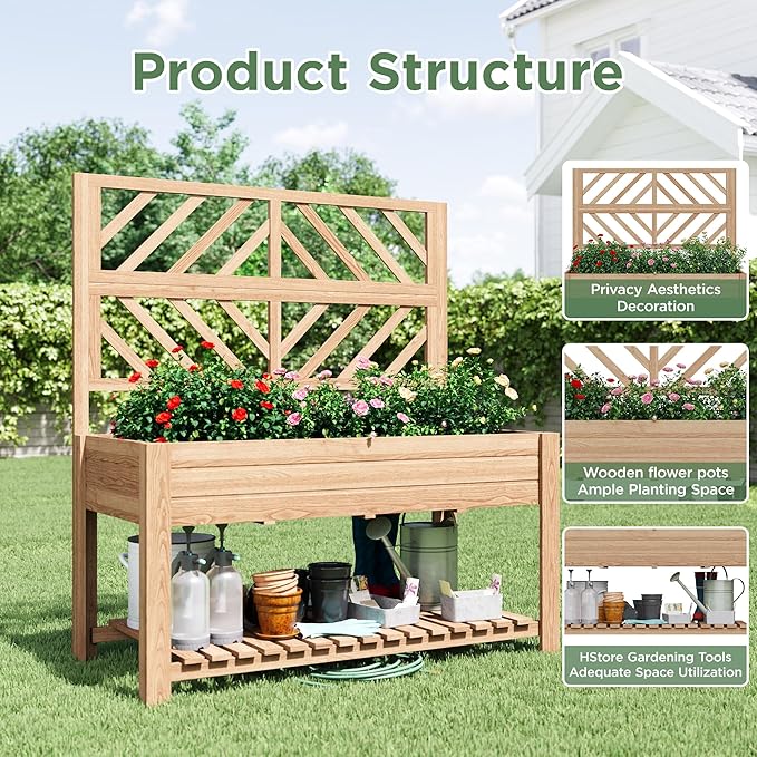 Vabches Wooden Elevated Raised Garden Bed with Trellis,47x24x55 in Planter Box with Legs and Storage Shelf,FreeStanding Gardening Planter for Flower Herb Vegetable Fruit Climbing Vines