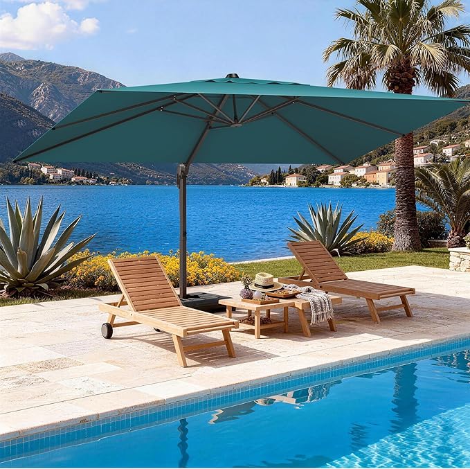 9' X 12' Cantilever Patio Umbrella Rectangle Outdoor Umbrella with Base Included, 6-Level Tilt & 360° Rotation Offset Umbrella for Garden, Deck, Pool (Turquoise)