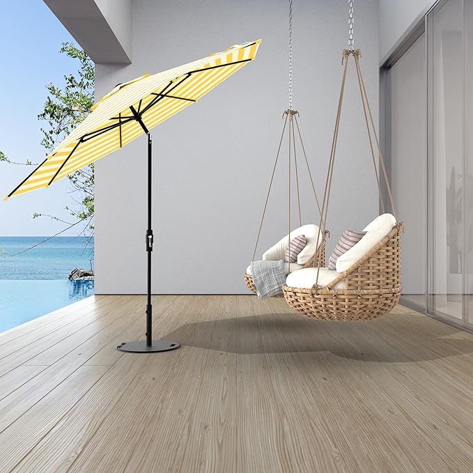 The Swilt 8 Feet Outdoor Umbrella With Terylast Sunny Stripes (White/Yellow) Polyester Fabric - Fiberglass Ribs, Auto-Tilt And Swivel Aluminum Frame Patio Umbrella For Deck, Garden, Pool - Black Pole