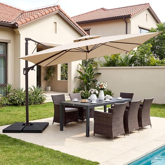 JEAREY 10ft Cantilever Patio Umbrella Outdoor Square Large Offset Umbrella Double Top Roating Heavy Duty Sun Umbrella for Patio Lawn Garden Backyard and Pool,Beige