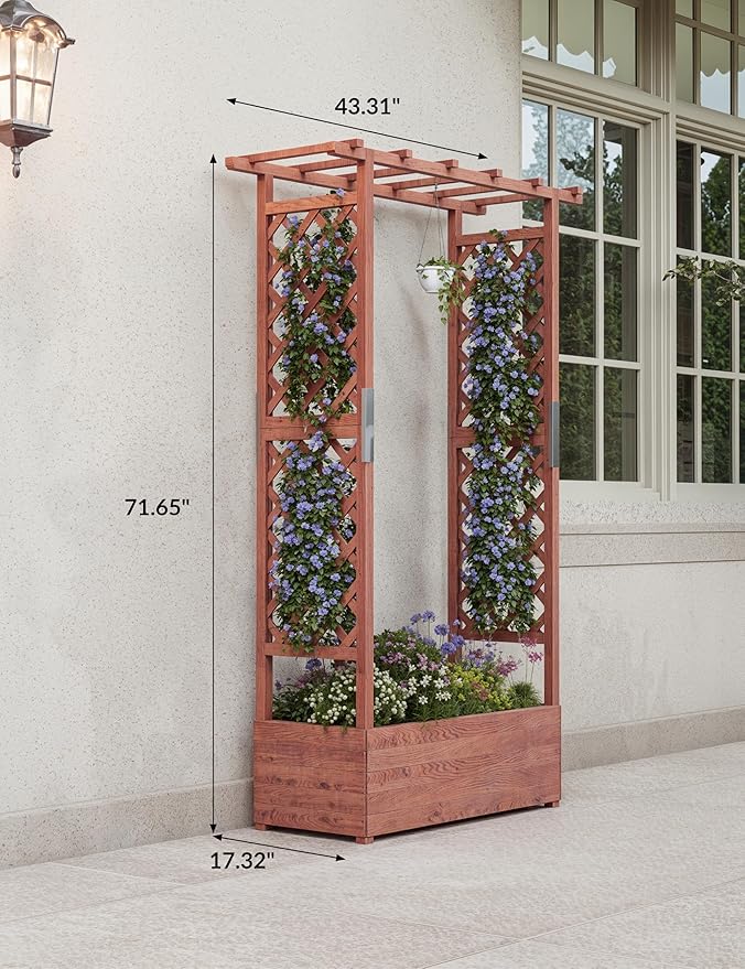 Elevated Garden Bed with Arch Trellis & Hanging Roof for Vine Climbing Plants, Wood Planter Box with Hanging Roof, Side Trellis, 4 Drainage Holes,Above Ground Raised Garden Bed, 43"x17"x72"