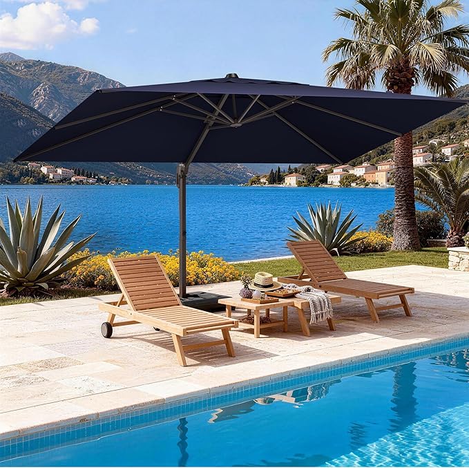 9' X 12' Cantilever Patio Umbrella Rectangle Outdoor Umbrella with Base Included, 6-Level Tilt & 360° Rotation Offset Umbrella for Garden, Deck, Pool (Navy Blue)