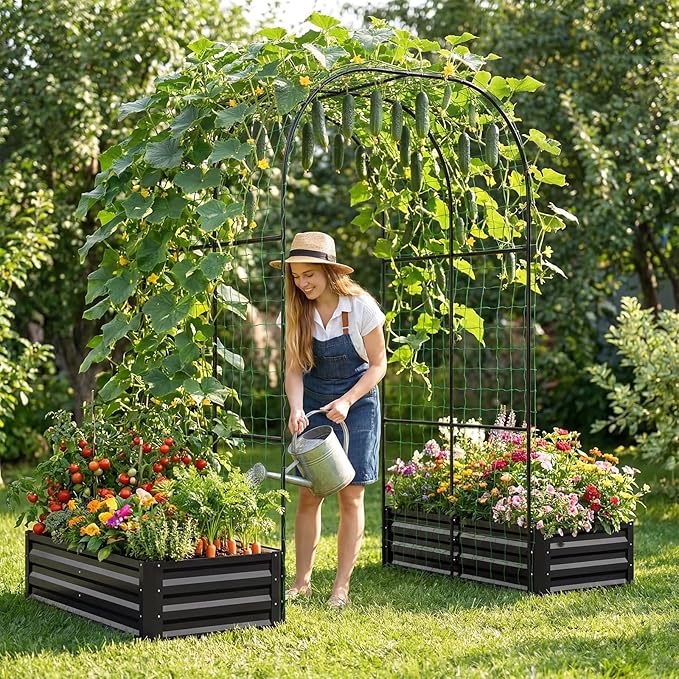 DoCred 3 in 1 Raised Garden Bed with 87in Tall Arch Trellis for Climbing Plants, Galvanized Planter Garden Box Outdoor for Gardening, Climbing Vegetables, Flower, Black