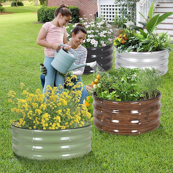 Galvanized Raised Garden Bed- 2Pcs Metal Planter Boxes Outdoor | 12" Tall 36" Round Steel Raised Bed Kit & Fire Pit Ring for Gardening with Protective Tape for Vegetables (Wood Grain)