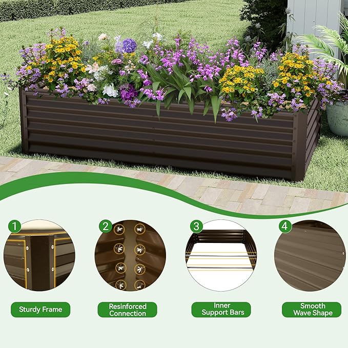 Galvanized Raised Garden Bed, 8X4X1.5FT Outdoor Metal Planter Box Raised Garden Bed, Raised Bed Planters, Large Elevated Raised Beds for Gardening Vegetables Fruits Herbs Flowers -Brown