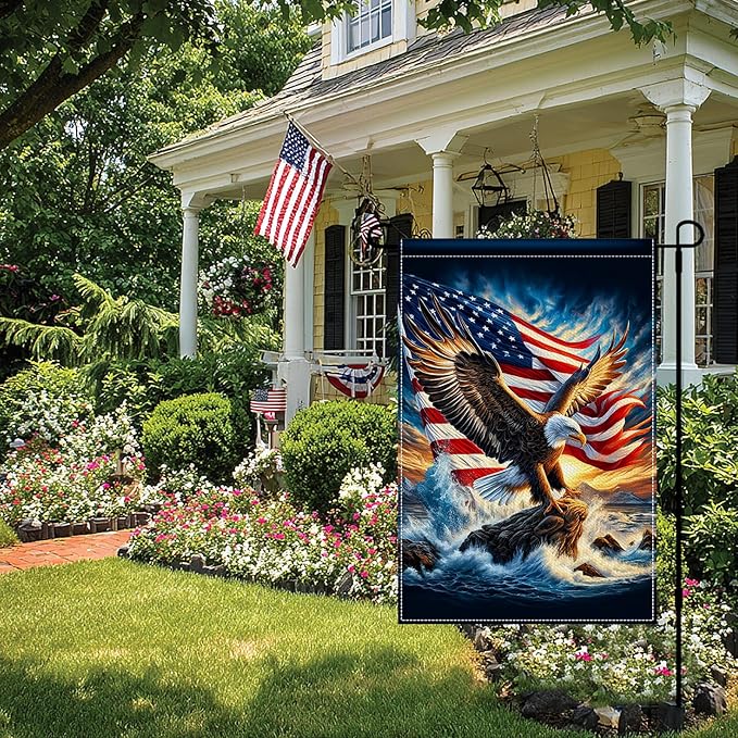 BlissYard Eagle Garden Flag 12x18 Inch Double Sided American Flag Bald Eagle Ocean Wave Burlap Garden Flag Farmhouse Yard Outdoor Banner for Porch Patio Lawn Independence Day Decoration
