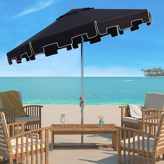 SAFAVIEH 9ft Outdoor Patio Umbrella, Round, Zimmerman Collection, Black & White Trim, Button Tilt, UV Resistant for Deck, Backyard, Poolside (PAT8000M)
