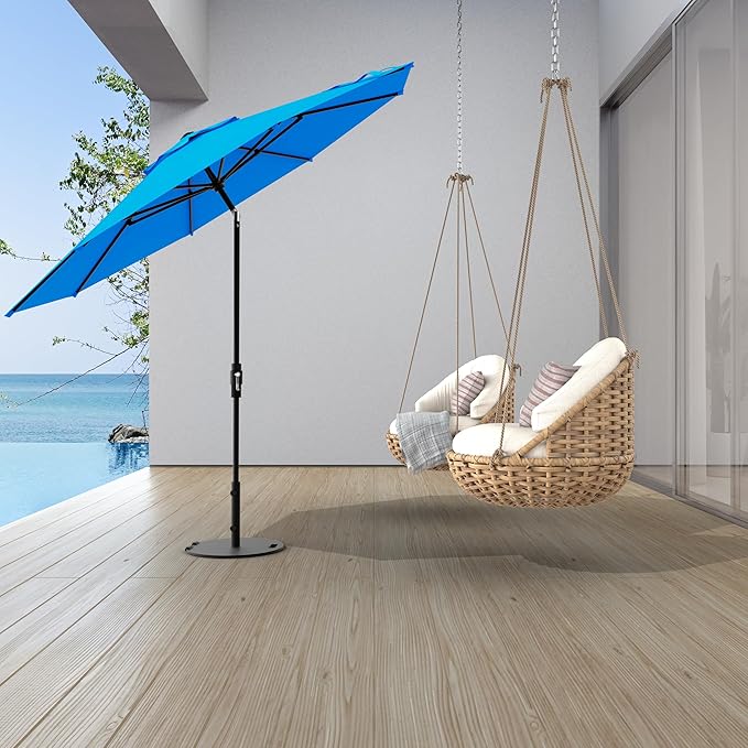 The Swilt 9 Feet Outdoor Umbrella With Terylast Cobalt (Blue) Polyester Fabric - Fiberglass Ribs, Auto-Tilt And Swivel Aluminum Frame Patio Umbrella For Deck, Garden, Pool - Black Pole