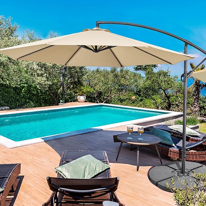 Yaheetech 10FT Patio Offset Umbrella - Cantilever Hanging Outdoor Umbrellas w/UV Protection & 8 Ribs & Handy Crank & Cross Base for Market/Garden/Lawn/Deck/Backyard/Pool - Tan