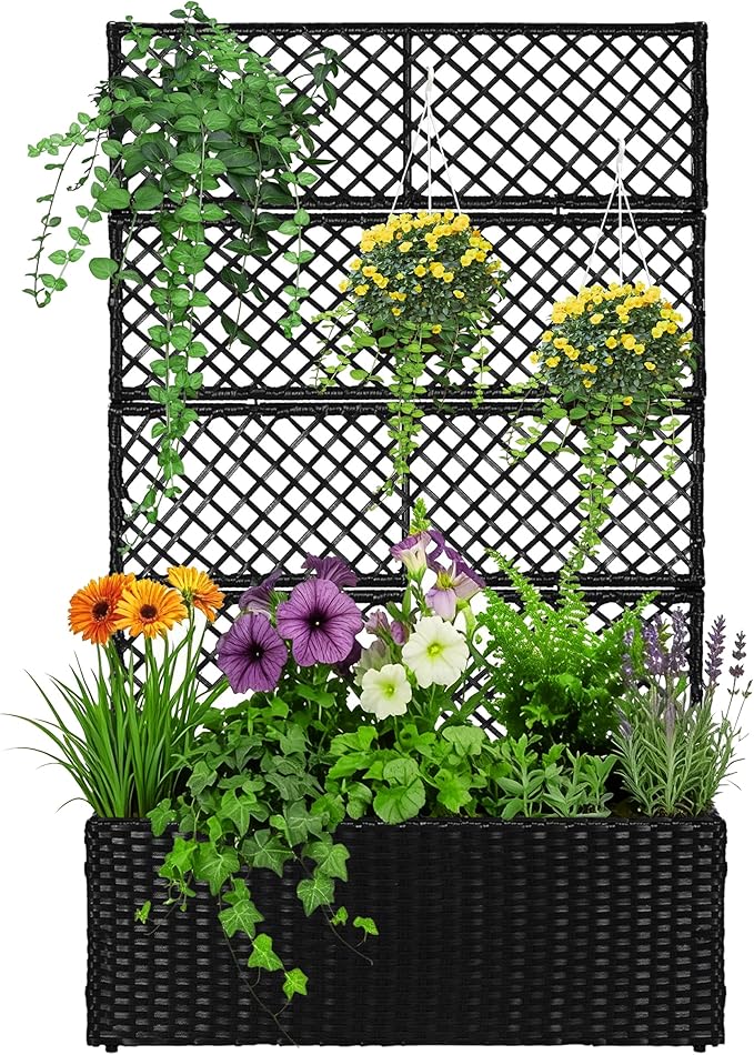 SUNNYPARK 52’’ H Garden Planter Box with Trellis Outdoor for Vine Climbing Plants, Flowers Handwoven Rattan Garden Bed with Removable Liners for Backyard Patio Balcony