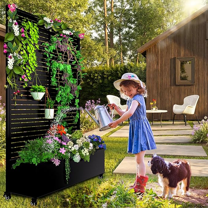 Metal Planter Box with Trellis, 72.1"x47.2"x16" Outdoor Galvanized Raised Garden Bed with Privacy Screen & Drainage Holes & Lockable Casters for Climbing Plants, Vegetable (Louvered-Black1)