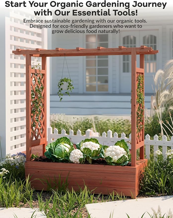 Raised Garden Bed with Trellis, Wood Planter Box with Hanging Roof, Side Trellis & Drainage, Freestanding Garden Planter for Climbing Plants, Vegetables, Flowers