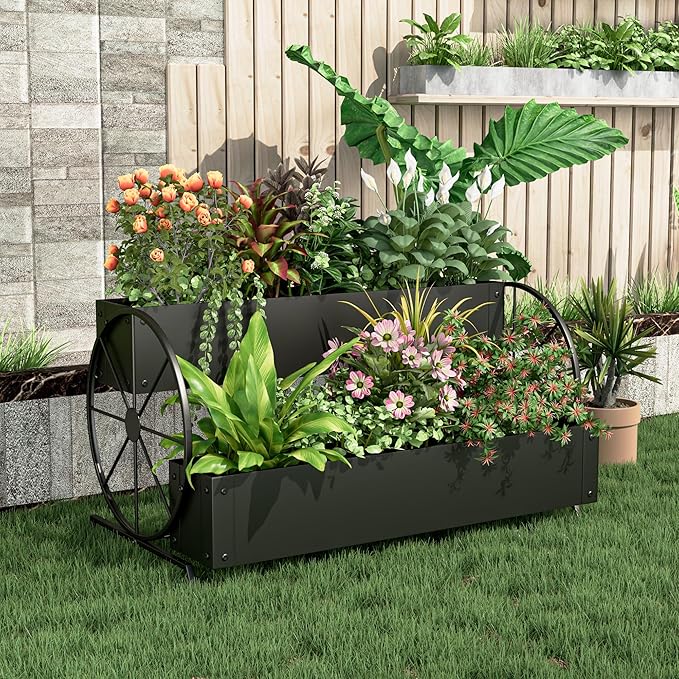 Metal Raised Garden Bed with Wagon Wheels, 2-Tier Vertical Herb Planter Boxes, Decorative Outdoor Planter Raised Beds for Flowers Herbs Vegetables, Small Flower Cart for Patio, Balcony (Black)
