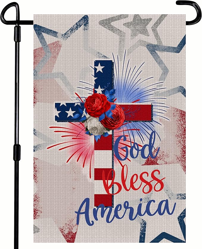 God Bless America Stars and Stripes Garden Flag, Memorial Day 4th of July Patriotic Lily Cross Yard Outdoor Decoration 12x18 Inch Double Sided