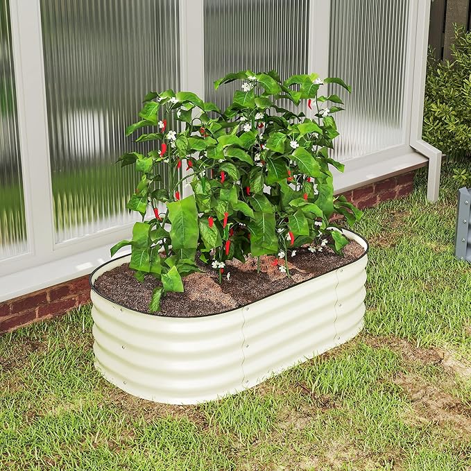 Outsunny 3.5' x 2' x 1' Galvanized Raised Garden Bed Kit, Outdoor Metal Elevated Planter Box with Safety Edging, Easy DIY Stock Tank for Growing Flowers, Herbs & Vegetables, Cream
