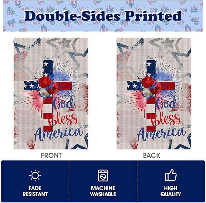 God Bless America Stars and Stripes Garden Flag, Memorial Day 4th of July Patriotic Lily Cross Yard Outdoor Decoration 12x18 Inch Double Sided