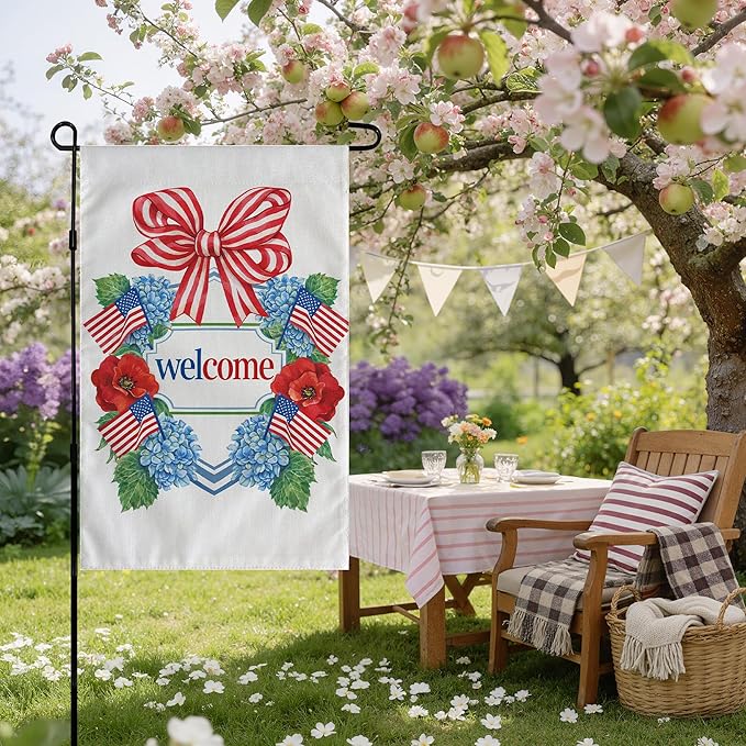 4th of July Decorations - Patriotic Welcome Garden Flag | Fourth of July Floral Wreath Bow Double Sided Banner | 250th Anniversary Accessories Outdoor Outside Decor for Garden Yard Porch Patio Lawn