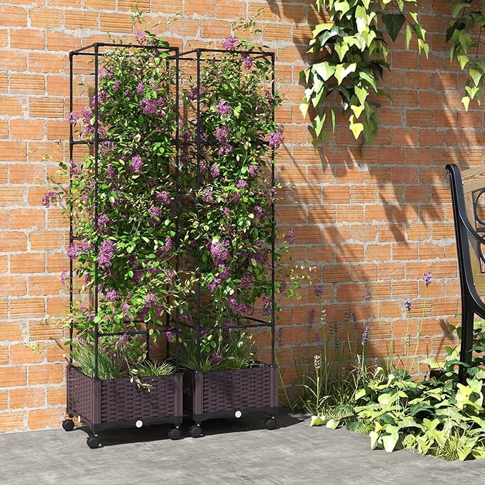 S AFSTAR Raised Garden Bed with Tomato Cage, 67" Planter Box W/Trellis & Lockable Wheels, Free Height Combination Self-Watering Plastic Garden Box Plant Container for Climbing Plants Vegetable (2)