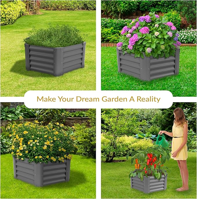 Sunnydaze Galvanized Raised Garden Bed Outdoor - Metal Planter Box for Gardening Vegetables and Plants - 16.25" H Hexagon - Gray