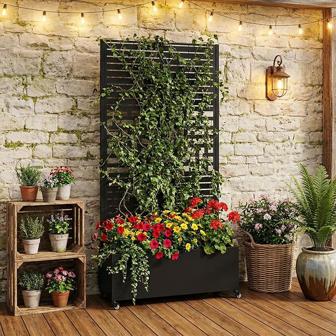 Metal Raised Garden Bed with Trellis and Wheels 70.87x35.43x15.75 Inch Planter Box for Climbing Plants Vegetables & Vines Garden Planter Features Drainage Holes and Privacy Screen