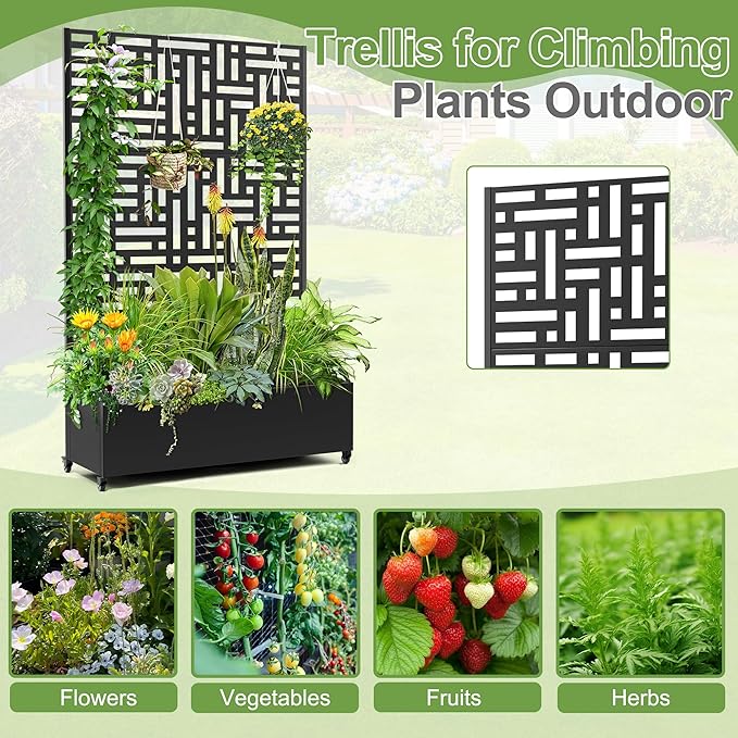 Raised Garden Bed with Trellis and Wheels,73"x47"x16" Metal Raised Garden Bed,Black Modern Metal Planter with Climbing Trellis for Vines & Vegetables