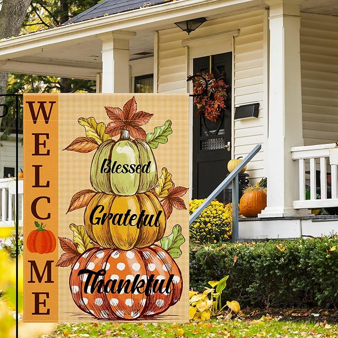 OHOME Thanksgiving Decorations - Fall Garden Flag | Double-Side Autumn Decor for Outdoor Indoor Outside - Friendsgiving Welcome Backdrop Banner for Garden Porch Patio Lawn Yard,12x18 Inch