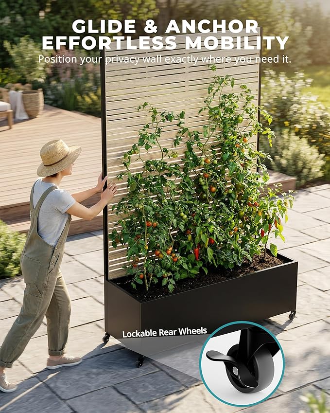 73" Metal Planter Box with Trellis on Wheels - Mobile Outdoor Planter with Drainage Holes & Louvered Privacy Screen, Rust-Proof Wood Grain for Patio, Balcony, Backyard, Poolside