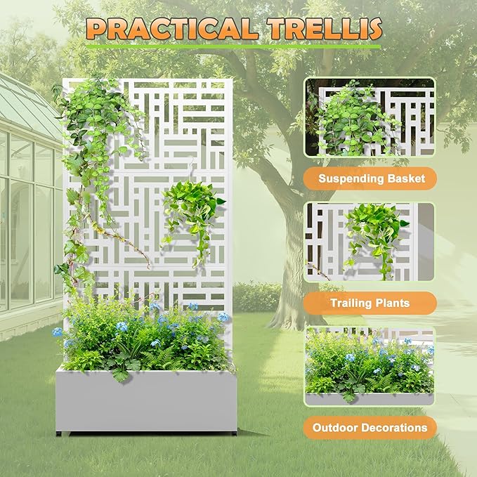 Metal Raised Garden Bed with Trellis, 2-in-1 Planter Box & Privacy Screen for Climbing Plants, Outdoor Standing Flower Bed with Drainage Holes, 35.4" L x 15.7" W x 70.1" H, White-Helen