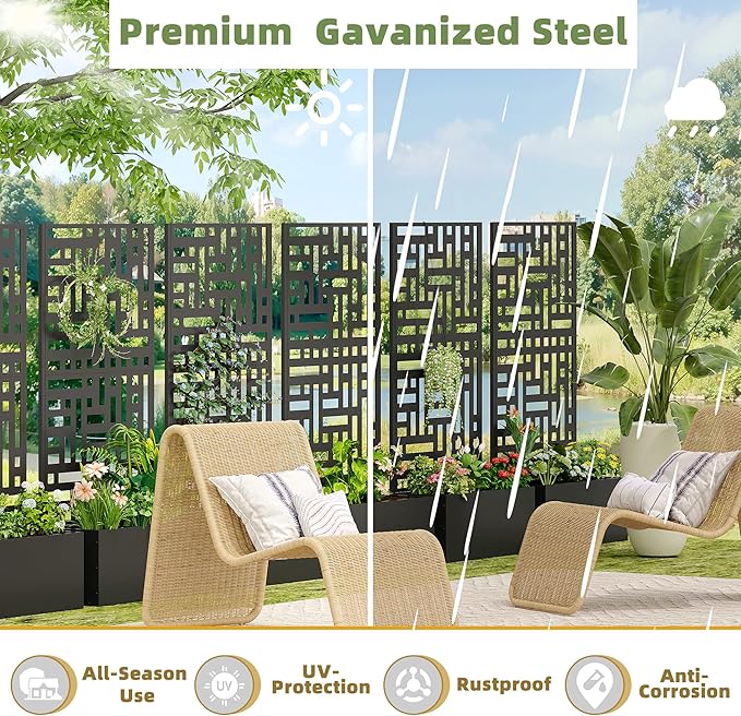 Casaphoria Metal Raised Garden Bed with Trellis, 47"x24"x12" Planter Box for Climbing Plants, Vegetables & Vines, Features Drainage Holes and Privacy Screen (Black-Helen)