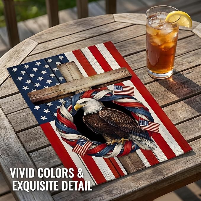 Patriotic Garden Flag, Double-Sided Polyester, Eagle with American Flag Wreath and Cross, 12x18 Inch, Independence Day Vertical Farmhouse Holiday for 4th of July and Memorial Day(D)