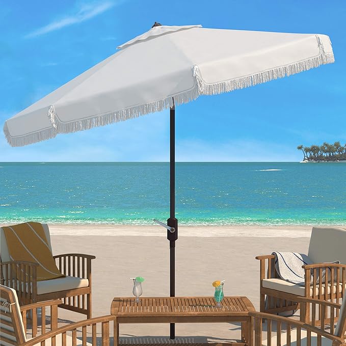 Safavieh Outdoor Milan Fringe 11-Foot Round Crank UV Protected Umbrella