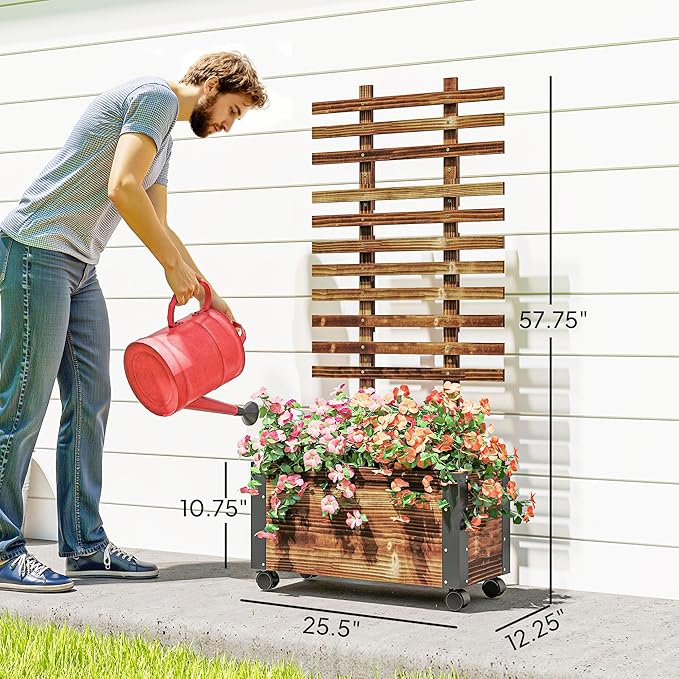 Outsunny Raised Garden Bed with Trellis, 58" Outdoor Wooden Planter Box with Wheels, Bed Liner, for Vine Plants Flowers Climbing and Planting, Brown