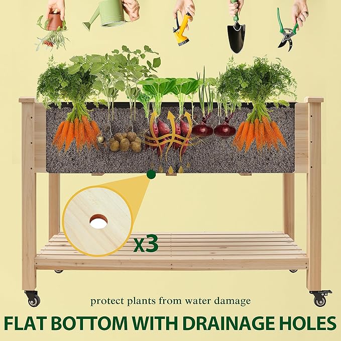 MUPATER Raised Garden Bed, Planter Box with Four Wheels and Legs for Herbs and Vegetables, Elevated Garden Bed with Drainage Holes for Outdoor Indoor