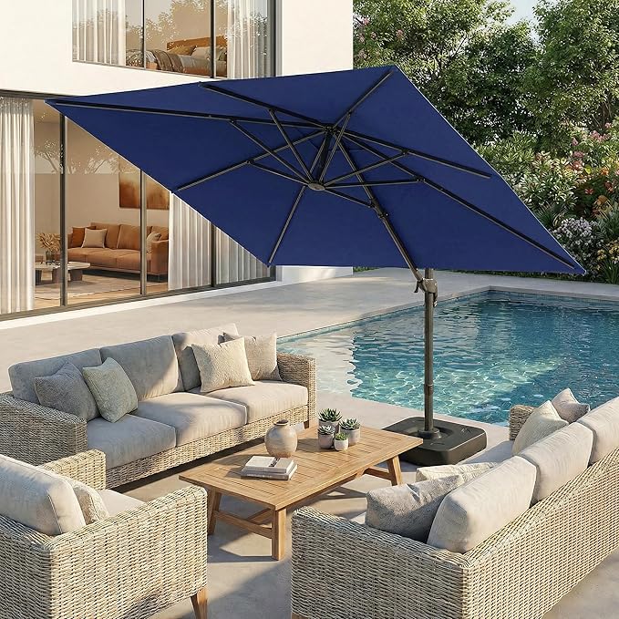 Hoteel 10ft Patio Umbrella Heavy Duty Aluminum Windproof & Shade Provision Outdoor Cantilever Square Offset Large Umbrella Height Adjustable with 360°Rotation for Patio Pool Deck Gazebo, Dark Blue