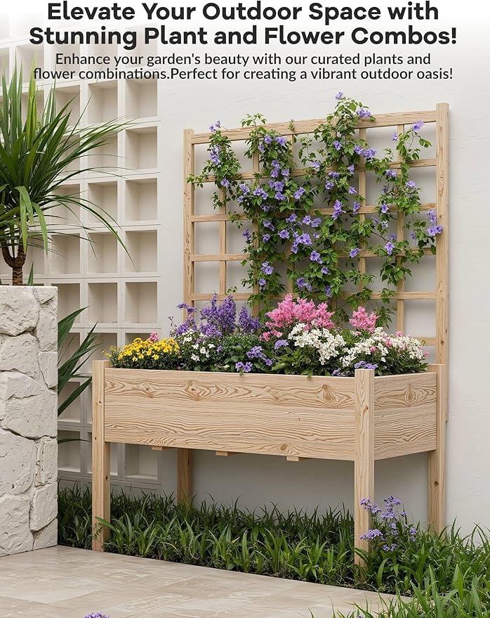 Wooden Raised Garden Bed with Trellis, 46.46x23.23x65.35IN Elevated Planter Box with Legs for Climbing Plants, Vegetables & Flowers