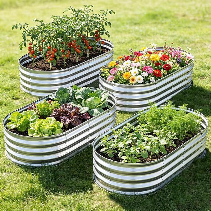 HGD Raised Garden Bed Kit, 4x2x1 ft Galvanized Planter Box Outdoor Large Metal Raised Beds for Gardening Vegetables Flower Herb (Classic Silver) (4 Pack)