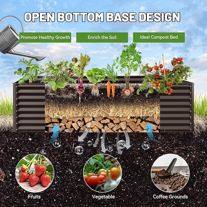 Galvanized Raised Garden Bed, 6X3X2FT Outdoor Metal Planter Box Raised Garden Bed, Raised Bed Planters, Large Elevated Raised Beds for Gardening Vegetables Fruits Herbs Flowers -Brown