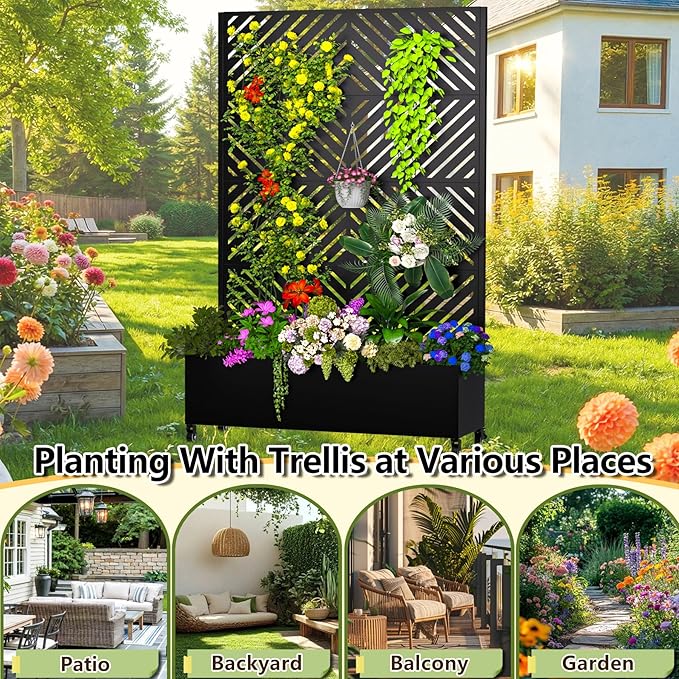 Metal Planter Box with Trellis, 72.1"x47.2"x16" Outdoor Galvanized Raised Garden Bed with Privacy Screen & Drainage Holes & Lockable Casters for Climbing Plants, Vegetable (Arrow-Black1)