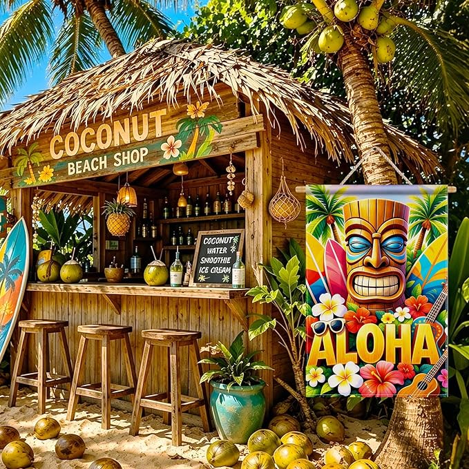 IVN Tiki Surf Aloha Beach Garden Flag 12x18 Burlap Surfboards Ukulele Sunglasses Palm Trees Double Sided Summer Outdoor Yard House Flag for Outside Home Front Door Lawn Porch Patio Welcome Summer Decor