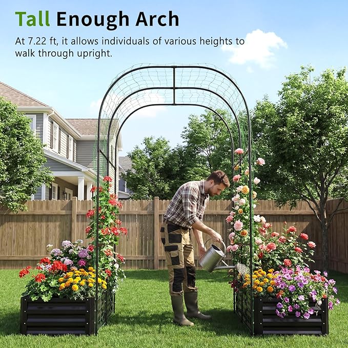 DoCred Galvanized Raised Garden Bed with 87" H Arch Trellis for Climbing Plants, Raised Outdoor Planter Garden Box with Climbing Netting for Gardening, Climbing Vegetables, Flower, Black