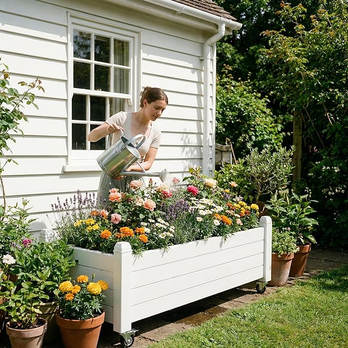 Raised Garden Bed with Wheels Outdoor, Resin Planter Box with Drain Hole and Water Level Detector for Backyard, Patio, Balcony, White(13.3" H)