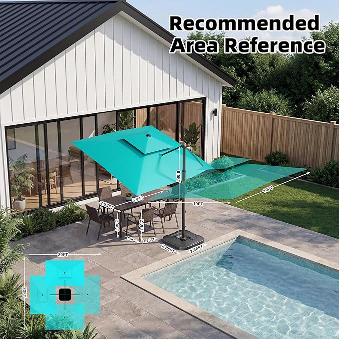 10x10 FT Cantilever Patio Umbrella with Led Lights Double Top Outdoor Square Large Heavy Duty Aluminum Offset Umbrellas with 7 Level Tilt 360-degree Rotation for Pool Garden Deck, Turquoise