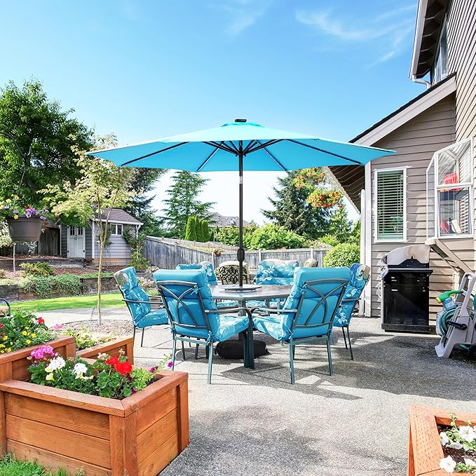 Sundale Outdoor Solar 104 LED 11 ft Patio Umbrella with Sand Bag Umbrella Base, Outdoor Umbrella with Tilt and Crank, Sky Blue