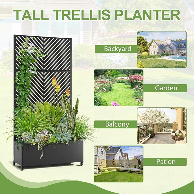 Raised Garden Bed with Trellis and Wheels,73"x35"x16" Metal Raised Garden Bed,Black Parallel Metal Planter with Climbing Trellis for Vines & Vegetables