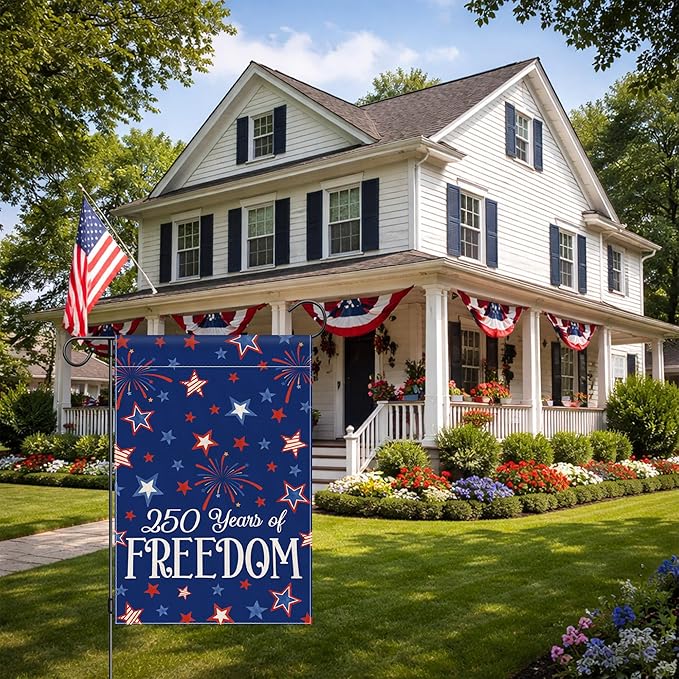 4th of July Garden Flag, 250 Anniversary USA Flag Patriotic America Memorial Day Blue Red Yard Decorations Outside Stars 250 Years of Freedom Fourth of July Garden Flag Double Sided Waterproof 12x18 Inch