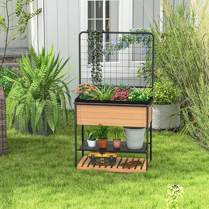 Giantex Raised Garden Bed with Trellis, Elevated Wood Metal Planter Box with 2-Tier Storage Shelves, Grid Divider, Drain Hole & Black Liner, Freestanding Garden Planter for Herb Vegetable Fruit Flower